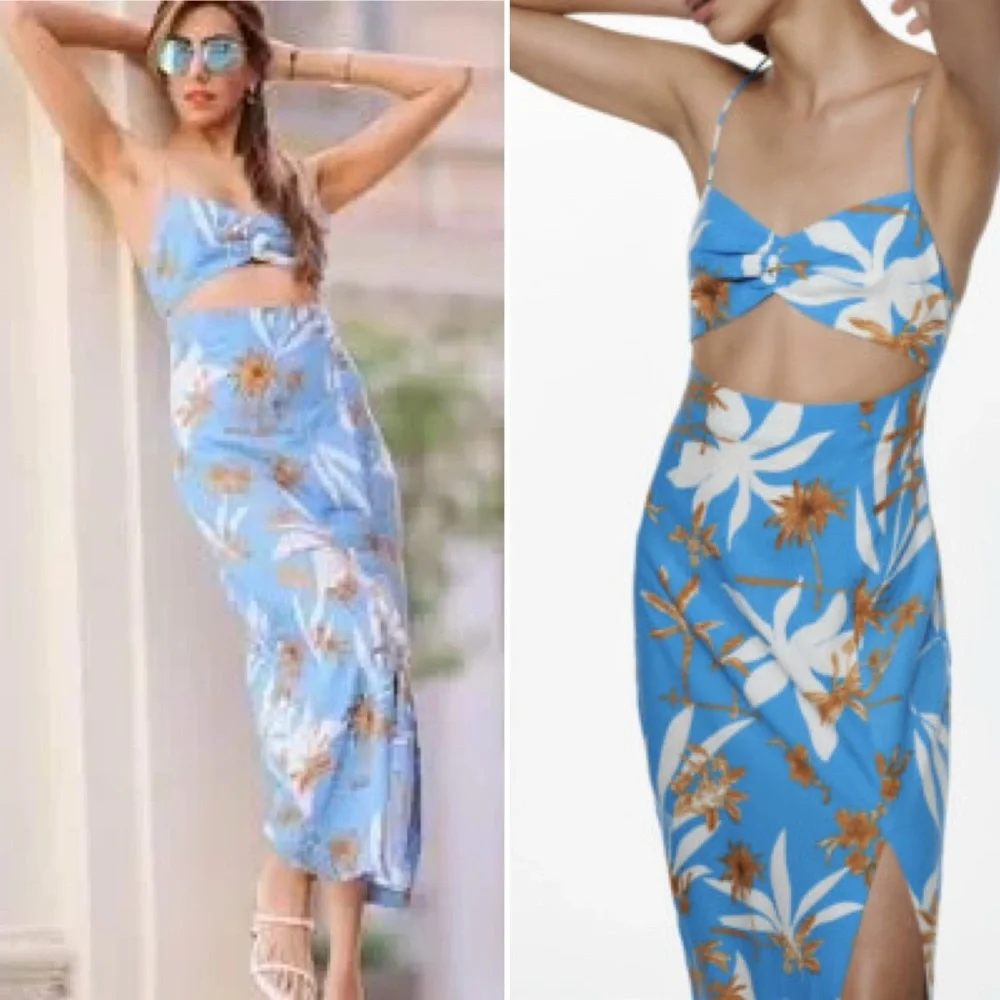 ZARA BLUE LINEN BLEND FLORAL PRINTED MIDI DRESS WITH CUT-OUT DETAIL Sz. XS NEW